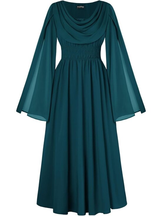 Dresses & Skirts - Women's Blue Green Renaissance Bell Sleeve Cowl Neck Imported Costume Dress